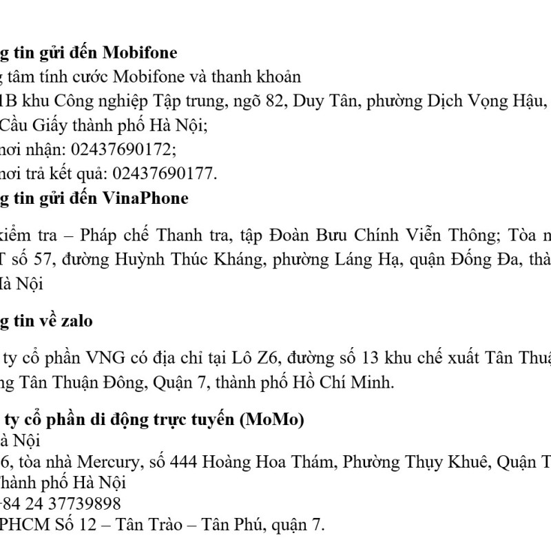 Thông tin các đơn vị Mobifone, Vinaphone, Zalo, Momo