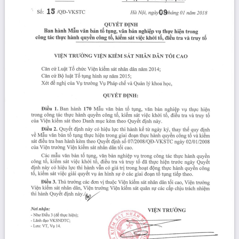 Quyết định 15 ban hành Mẫu văn bản tố tụng, văn bản nghiệp vụ thực hiện trong công tác thực hành quyền công tố, kiểm sát việc khởi tố, điều tra và truy tố của Viện kiếm sát tối cao (kèm theo bộ biểu mẫu)